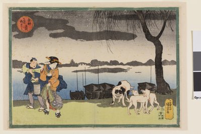 Geisha, servante et trois chiens près du pont Yanagi à Ryogoku, de la série Vues célèbres de la capitale orientale, c.1834 - Utagawa Kuniyoshi