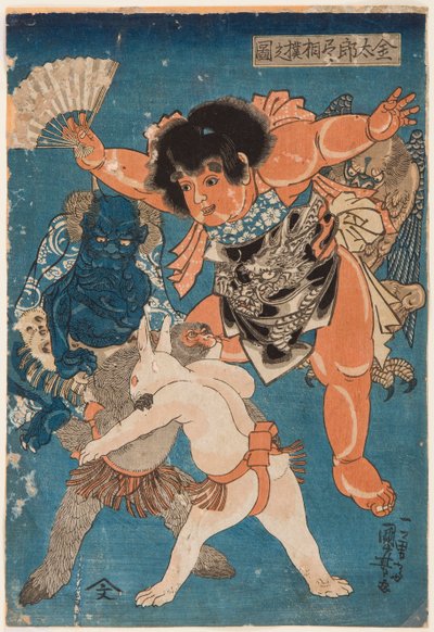 Kintaro arbitre un combat de lutte entre un singe et un lapin - Utagawa Kuniyoshi