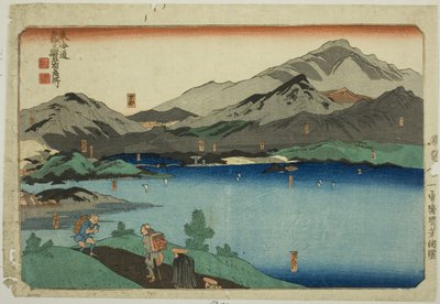 Minakuchi, Ishibe, Kusatsu, Otsu et Kyoto, de la série "Lieux célèbres sur les cinquante-trois stations du Tokaido, cinq stations (Tokaido gojusan eki goshuku meisho)" - Utagawa Kuniyoshi