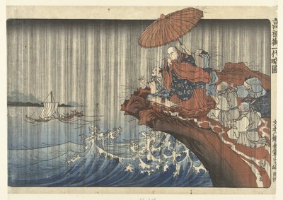Nichiren priant pour la pluie sur le rocher à Reizan à Kamakura - Utagawa Kuniyoshi
