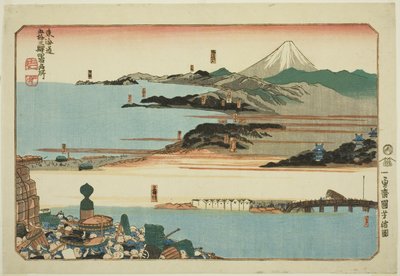 Nihonbashi, Shinagawa, Kawasaki et Kanagawa, de la série "Lieux célèbres des cinquante-trois stations du Tokaido, Quatre stations (Tokaido gojusan eki yonshuku meisho)" - Utagawa Kuniyoshi