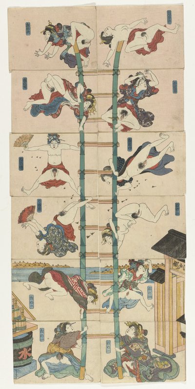 Série de douze koban Shunga avec des prostituées dans le rôle de pompiers acrobatiques - Utagawa Kuniyoshi