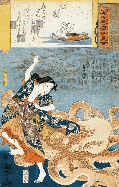 Tamatori attaquée par une pieuvre en saisissant un joyau sacré - Utagawa Kuniyoshi