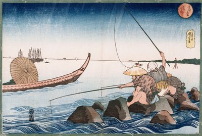 Trois pêcheurs à la ligne à Teppozu, de la série "Lieux célèbres de la capitale orientale" - Utagawa Kuniyoshi