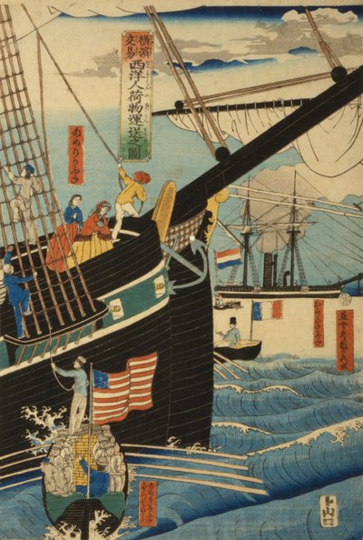 Commerçants occidentaux transportant des marchandises et des passagers à Yokohama - Utagawa Sadahide