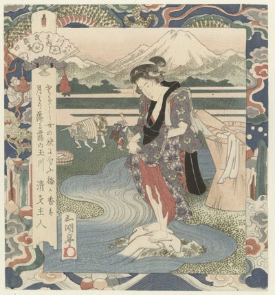 Vrouw wast kleding in de rivier - Utagawa Sadakage