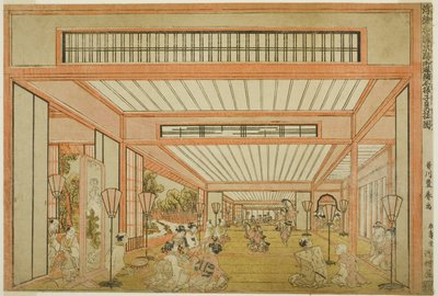 Vues des salles de réception au Japon - Divertissements le jour du rat dans le style moderne (Uki-e wakoku keiseki ozashiki imayo ne no hi no asobi no zu) - Utagawa Toyoharu