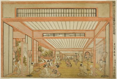 Vues des salles de réception au Japon - Divertissements le jour du Rat dans le style moderne, c.1771-76 - Utagawa Toyoharu