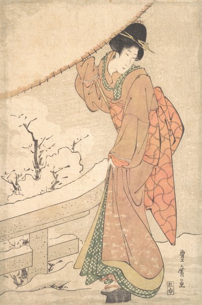 Jeune femme dans une tempête de neige portant un parapluie lourdement chargé de neige - Utagawa Toyohiro
