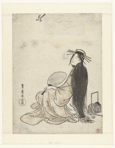 Courtisane avec éventail et accessoires de fumeur regardant un coucou - Utagawa Toyohiro