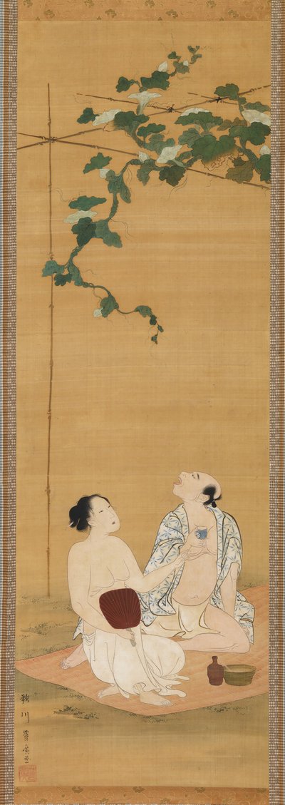 Profiter de la fraîcheur du soir sous une treille de gourdes - Utagawa Toyohiro