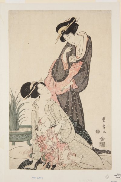 Deux femmes avec poisson rouge et bébé allaitant - Utagawa Toyohiro