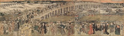 Se rafraîchir au pont Ryogoku à Edo, un pentaptyque (Edo Ryogoku suzumi no zu, gomai tsuzuki) - Utagawa Toyokuni