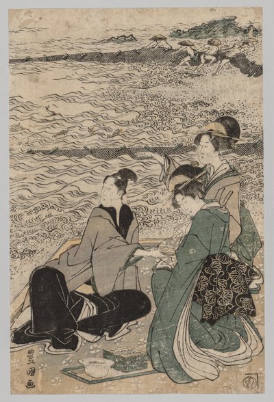 Homme et deux femmes au bord de la mer - Utagawa Toyokuni
