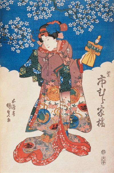 Femme en kimono avec marionnette et fond décoré de fleurs de pommier - Utagawa Toyokuni