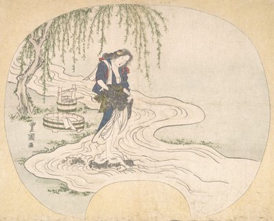 Une femme debout sur un rocher dans un ruisseau lavant des vêtements - Utagawa Toyokuni II
