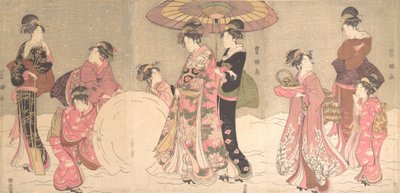 Courtisanes et serviteurs faisant une boule de neige géante - Utagawa Toyokuni I