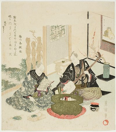 Lire et jouer du shamisen en hiver - Utagawa Toyokuni I