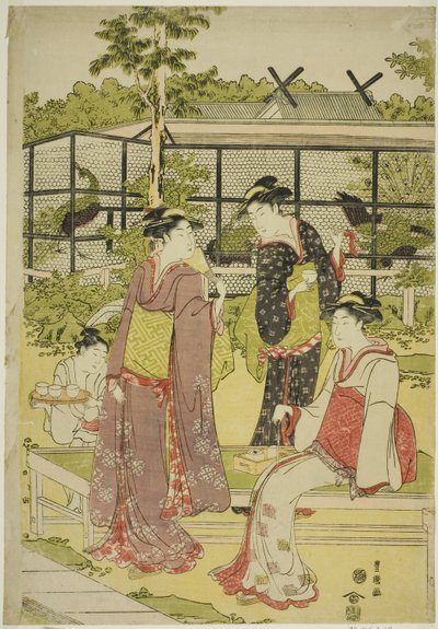 Femmes visitant la maison de thé des oiseaux et des fleurs (Kachojaya) - Utagawa Toyokuni I