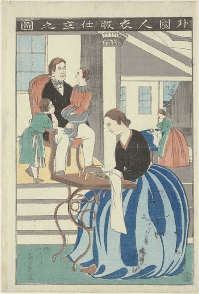 Femme occidentale derrière une machine à coudre - Utagawa Yoshikazu