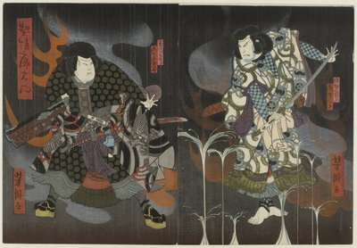 Deux acteurs entre flammes et fumée - Utagawa Yoshitaki