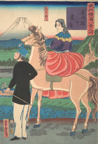 Oies descendantes au pont de Yoshida [Couple anglais] Yoshidabashi no rakugan, 1er mois, 1861 - Utagawa Yoshitora