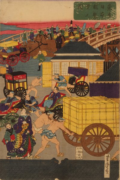 Section florissante de Nihonbashi à Tokyo. Triptyque Tokyo Nihonbashi han ei no zu - Utagawa Yoshitora