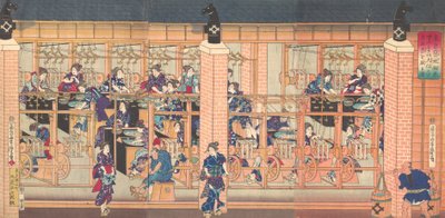 Machine à filer la soie importée à Tsukiji à Tokyo - Utagawa Yoshitora