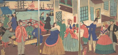 Vue de la nourriture et des boissons par les gens de cinq pays, 1861, 12e mois - Utagawa Yoshitora