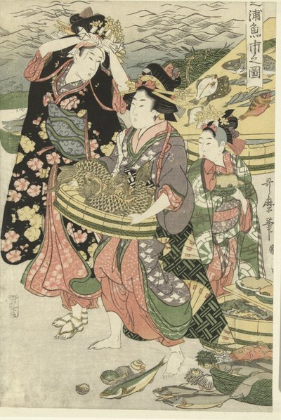 Vue sur le marché aux poissons sur la plage de Shiba - Utamaro (II) , Kitagawa