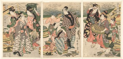 Vue du marché aux poissons sur la plage de Shiba - Utamaro (II) , Kitagawa