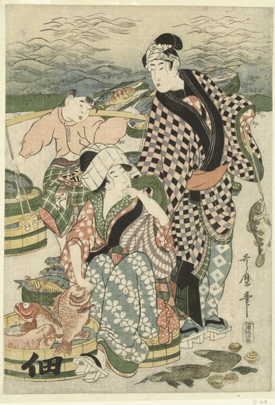 Vue du marché aux poissons sur la plage de Shiba - Utamaro (II) , Kitagawa