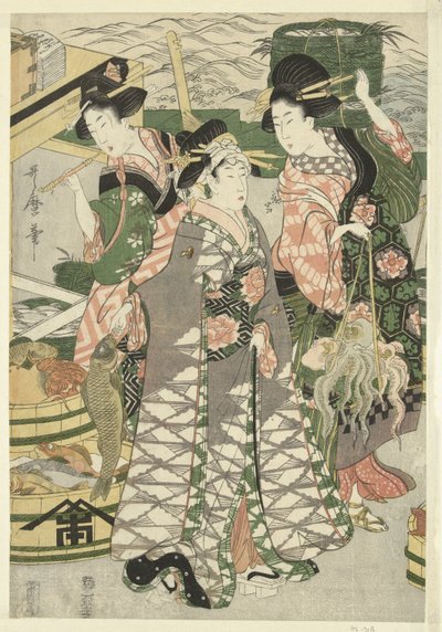 Vue du marché aux poissons sur la plage de Shiba ([Shiba] no ura uoichi no zu) - Utamaro (II) , Kitagawa