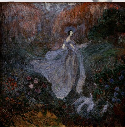 Matin. Une femme vêtue de voiles marche vers un oiseau au sol, dans un jardin fleuri. Œuvre de Vasili Dmitrievich Millioti (1875-1943), aquarelle, gouache et encre sur papier - Vasili Dmitrievich Millioti