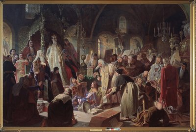 Le pope vieux croyant Nikita Poustosviat débattant avec le patriarche de Moscou, Joachim, sur la question de la Foi en présence de la régente Sophie Alexeievna Romanova - Vasili Grigorevich Perov