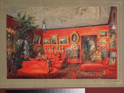La salle de séjour rouge dans le palais Ioussoupov à Saint-Pétersbourg - Vasili Semenovich Sadovnikov