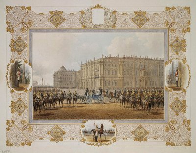 Revue du Régiment des Gardes à Cheval devant le Palais d