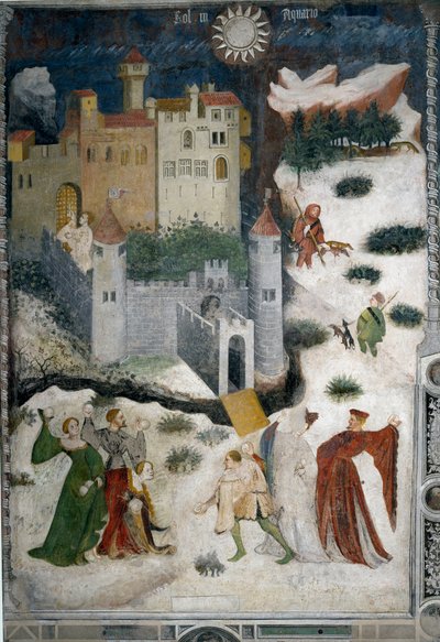 Mois de janvier : paysage enneigé avec aristocrates et chasseurs. Les aristocrates jouent aux boules de neige tandis que les chasseurs partent à la chasse avec leurs chiens. En bas, le château de Castello di Stenico et un homme avec la clé prêt à ouvrir la - Venceslao Maestro