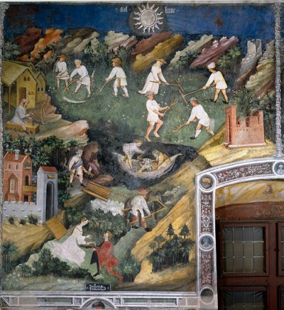 Mois de juillet : activités estivales. Moisson du blé, pêche, transport de faucons. En bas, un paysan aiguise la lame de sa faux. On offre à la dame au premier plan un faucon. - Venceslao Maestro