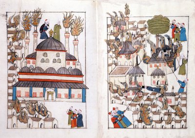Un incendie à Constantinople en 1660. Miniature des « Mémoires Turques » (codex Cicogna 1971 « Memorie Turchesche ») - Venetian School