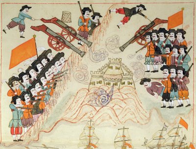 Miniature de Memorie Turchesche représentant les Vénitiens et leurs alliés reprenant la forteresse de Limnos aux Turcs ottomans, Ms. cicogna 1971 - Venetian School