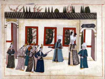 Le Sultan rend visite à la favorite avec la mère et le chef des eunuques. Miniature des « Mémoires turques » (codex Cicogna 1971 « Memorie Turchesche ») Aquarelle de l