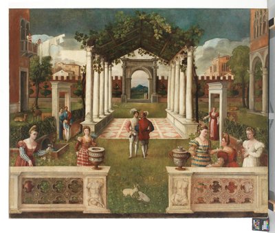 Un jardin architectural classique avec des figures élégantes, un paysage montagneux au-delà - Veronese School