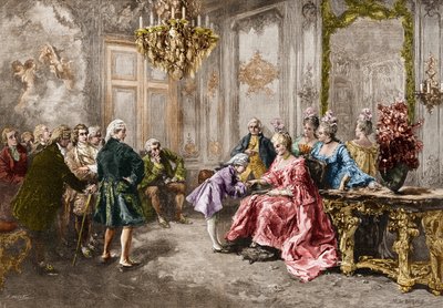 Wolfgang Amadeus Mozart chez Madame de Pompadour. Gravure d