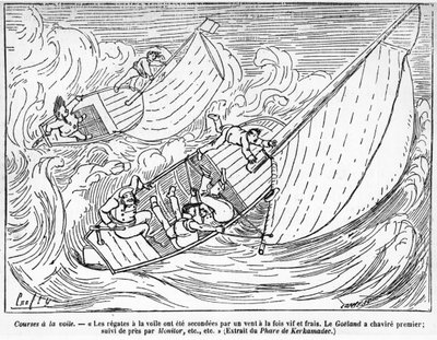 Course de voiliers, bateaux chavirés : « les régates de voile étaient soutenues par un vent fort et frais. Le bateau le Goéland a chaviré en premier, suivi de très près par Monitor... » - dessin de Crafty, dans « Le Centaure ». - Victor  Geruzez