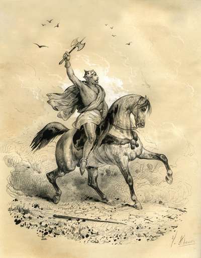 Charles Martel (688-741) a vaincu les troupes arabes à Poitiers en 732. Gravure de Victor Adam (1801-1866) dans le livre « La France au Moyen Âge » publié par les frères Ardant au milieu du 19e siècle. - Victor Adam