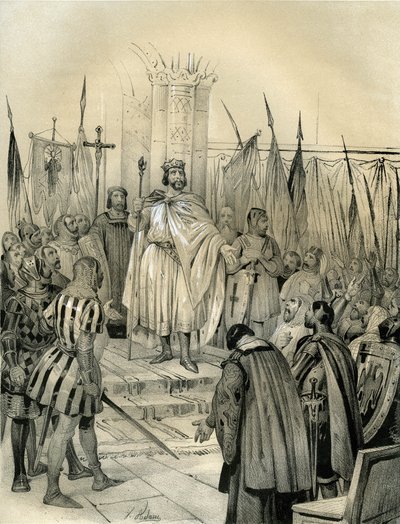 Couronnement de Hugues Capet (941-996) à Noyon en 987. Ce couronnement a marqué le début de la dynastie des Capétiens, rois de France qui ont régné, en succession directe ou indirecte, pendant 8 ans. Gravure de Victor Adam (1801-1866) dans le livre « Franc - Victor Adam