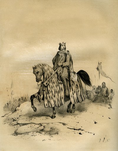 Philippe VI de Valois (1293-1350), roi de France de 1328 à 1350, premier roi de la dynastie des Valois, chevauchant à la tête de ses troupes lorsqu