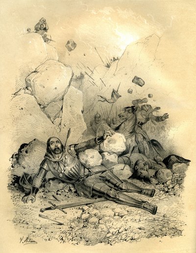 Roland, comte de la marche de Bretagne, tué par un détachement de Vascons (Basques) en 778 dans la vallée de Roncevaux (Pyrénées). Gravure de Victor Adam (1801-1866) dans le livre « La France au Moyen Âge » publié par les frères Ardant - Victor Adam