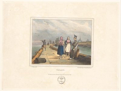 Deux filles et un soldat sur le quai à Calais (série: Costumes des habitants des ports, Costumes de marins, dessinés dans les ports) - Victor Adam